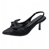 Black Bow Slingback Faux Leather Kitten Silhouette High Heels